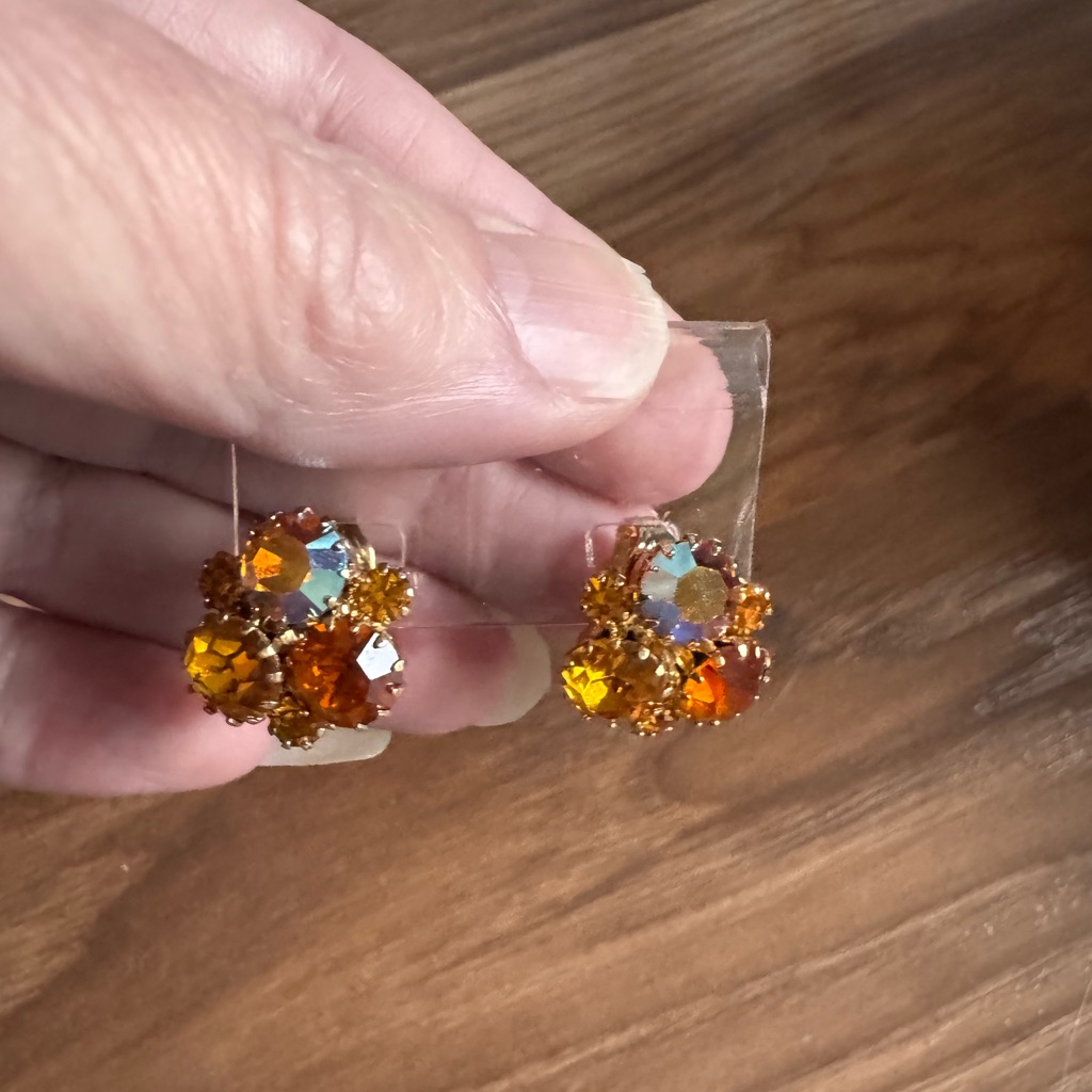 Elegant Vintage Gold And Orange Crystal Cluster Clip On Earrings